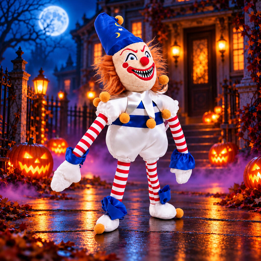 Poltergeist-Clown Doll Poltergeist clown doll with striped legs in a spooky Halloween carnival scene.