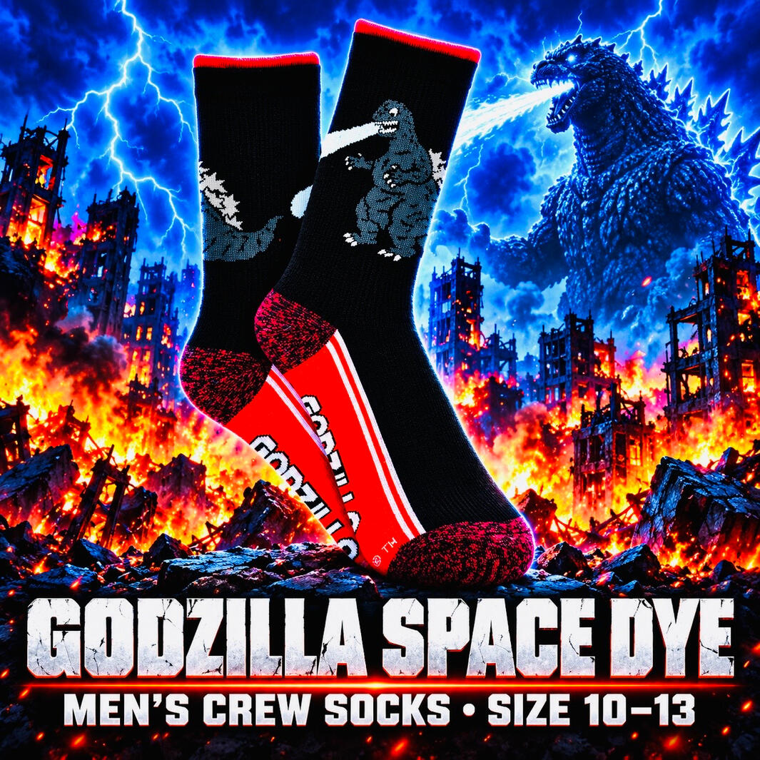 Godzilla Space Dye Men’s Crew Socks – Size 10–13 Black and red Godzilla crew socks displayed beside Godzilla against a burning city backdrop with blue lightning.
