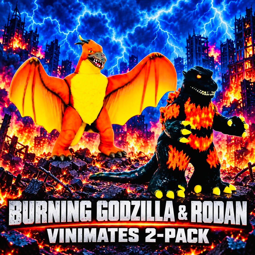 Burning Godzilla with orange markings and Rodan with outstretched orange wings against a burning city backdrop with blue lightning.