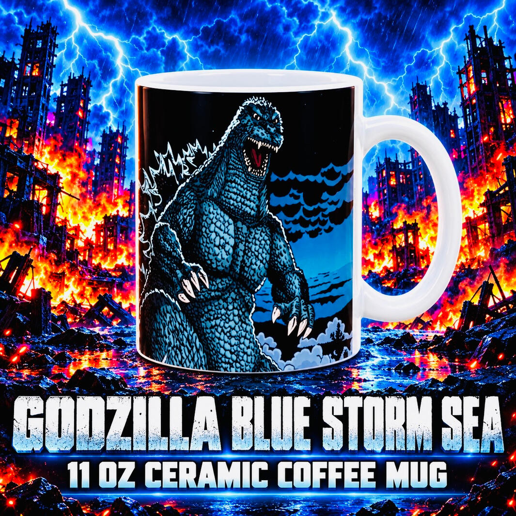 Godzilla Blue Storm Sea 11 oz Ceramic Coffee Mug White-handled ceramic mug featuring blue Godzilla artwork and ocean waves, displayed against a burning city backdrop.