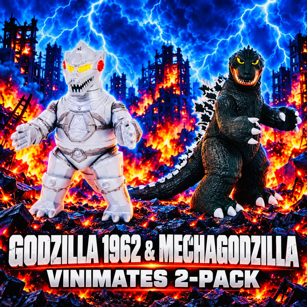 Godzilla 1962 & Mechagodzilla Vinimates 2-Pack Godzilla 1962 and silver Mechagodzilla collectible figures against a burning city backdrop with blue lightning.
