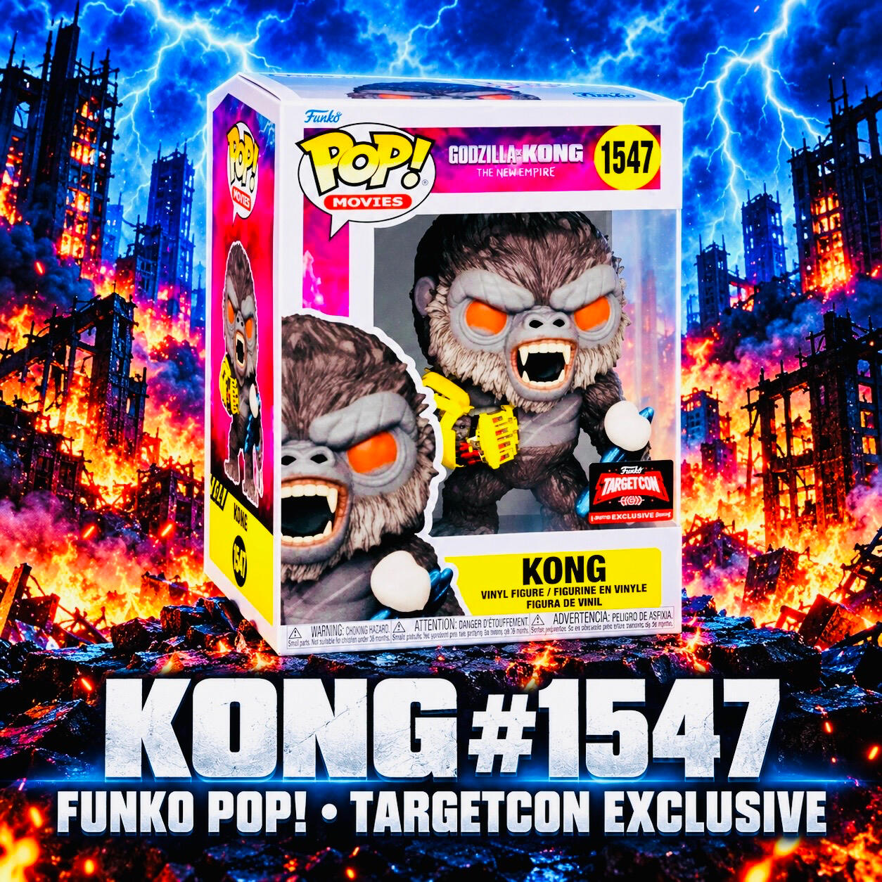 Boxed Kong #1547 Funko Pop! with orange eyes and a yellow mechanical glove, displayed against a burning city with blue lightning.