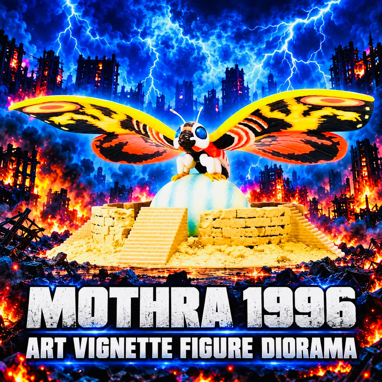 Mothra figure with colorful wings spread above a golden temple diorama, against a burning city backdrop with blue lightning.