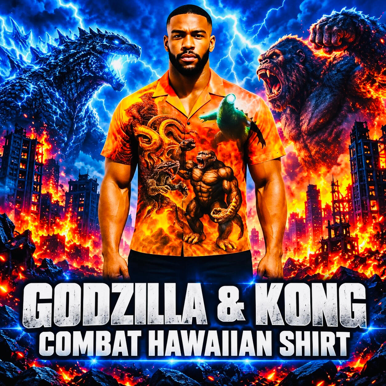 Model wearing an orange Godzilla and Kong Hawaiian shirt, with Godzilla, Kong, blue lightning, and a burning city behind him.