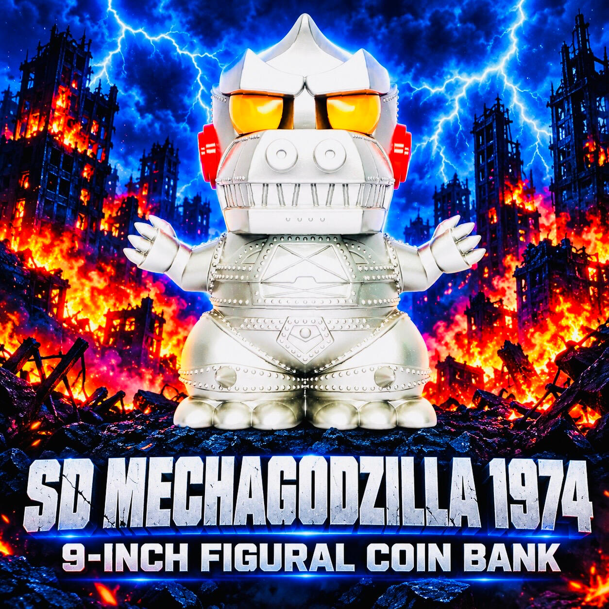 Silver Mechagodzilla coin bank with yellow eyes and raised arms, displayed against a burning city backdrop with blue lightning.