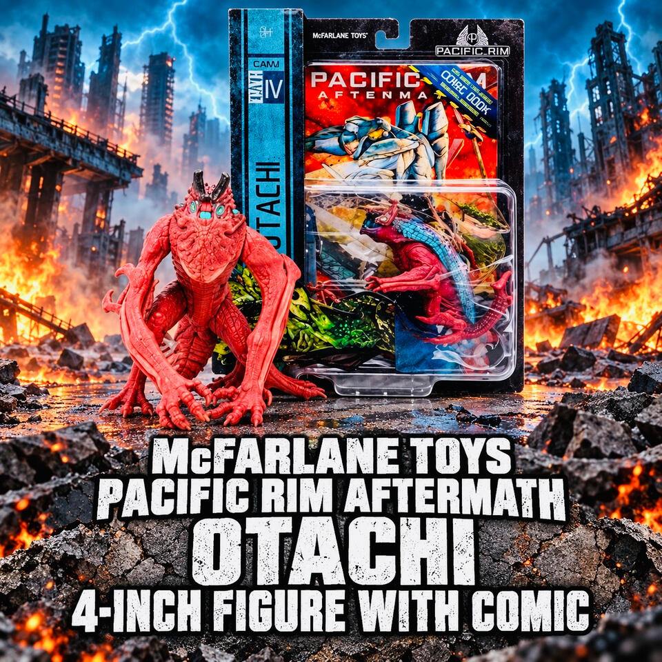 Pacific Rim Otachi 4-Inch Figure with Comic Red Otachi kaiju figure beside its packaging, against a burning city backdrop with blue lightning.