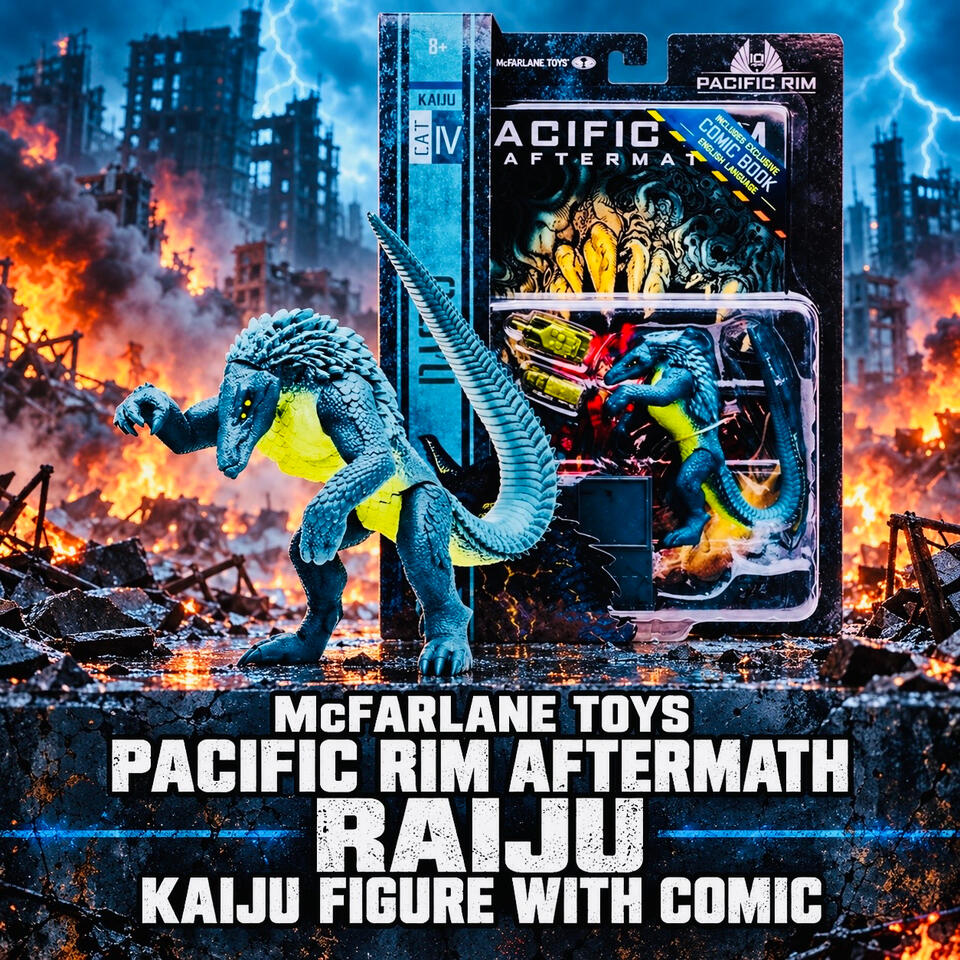 Blue and yellow Raiju kaiju figure with a raised tail beside its packaging, against a burning city with blue lightning.