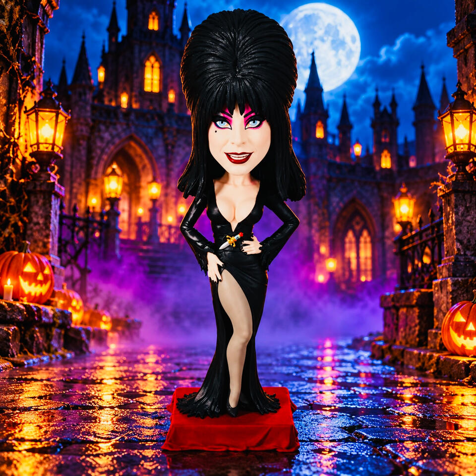 Elvira Bobblehead Elvira bobblehead in a black gown on a red base.