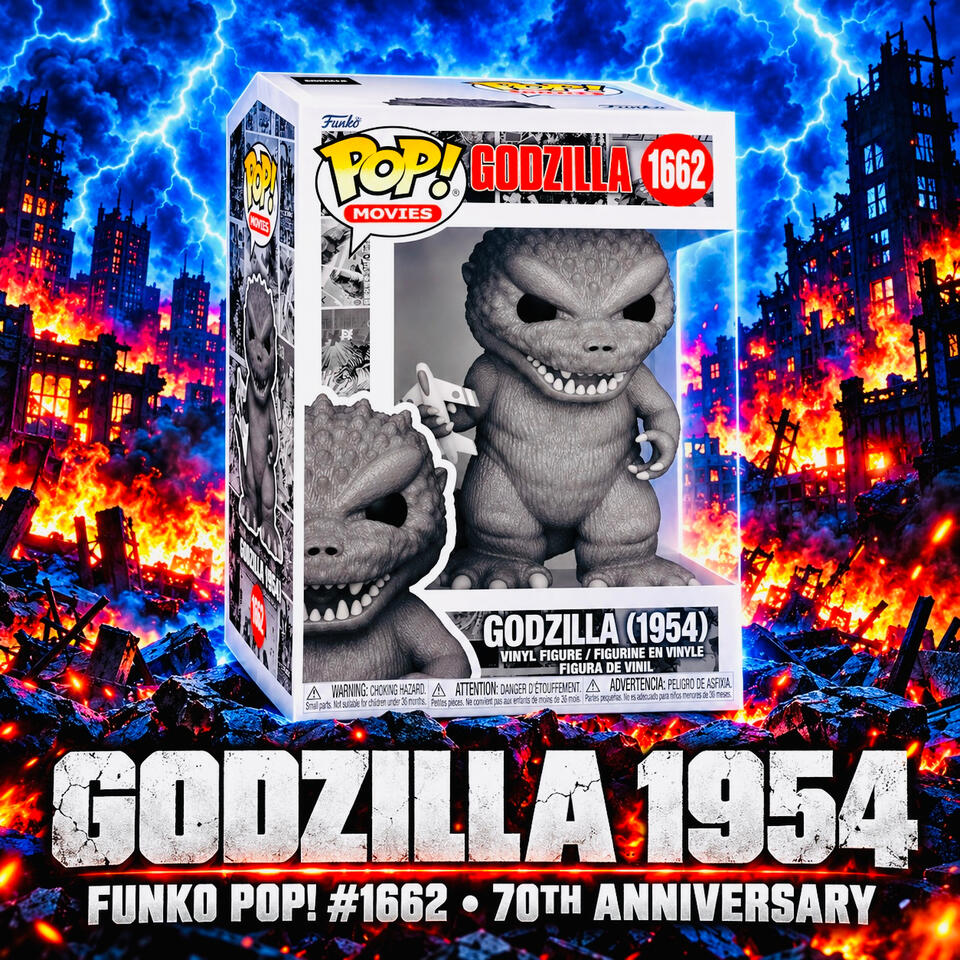 Boxed gray Godzilla 1954 Funko Pop! #1662, displayed against a burning city backdrop with blue lightning.