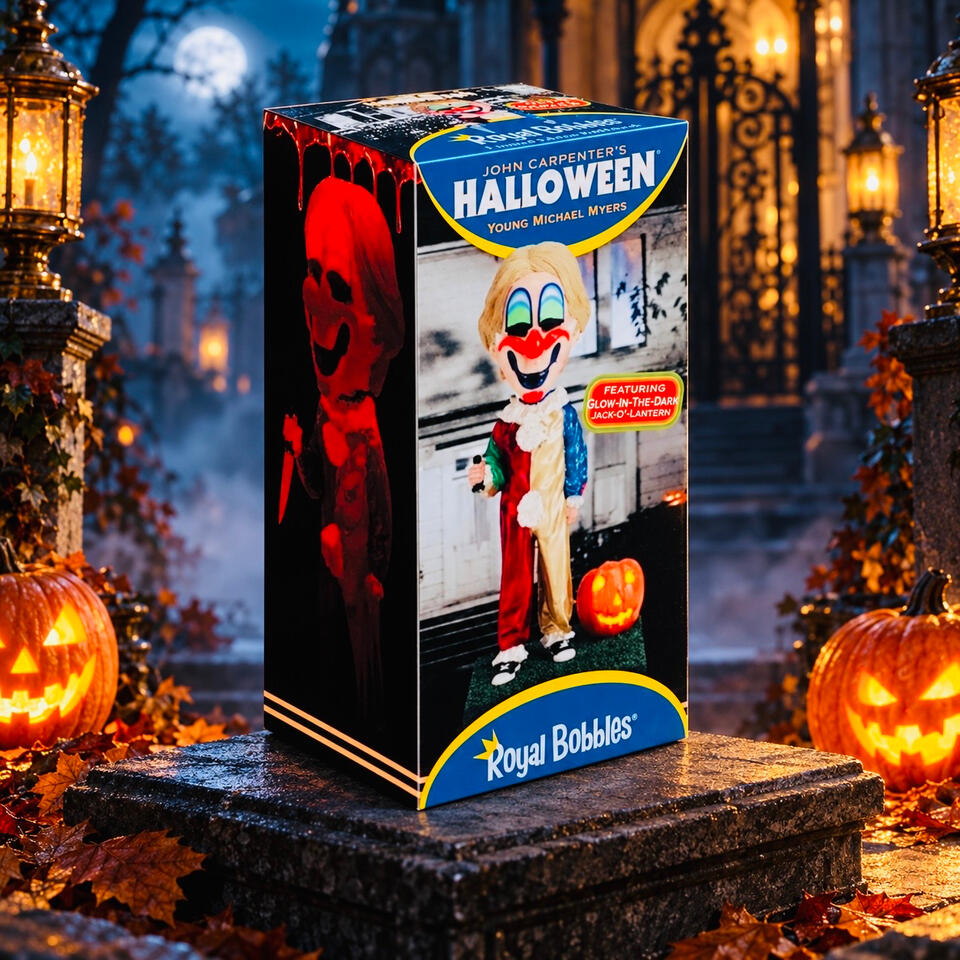 Boxed Young Michael Myers bobblehead featuring his clown costume, surrounded by lanterns, pumpkins, and moonlit fog.