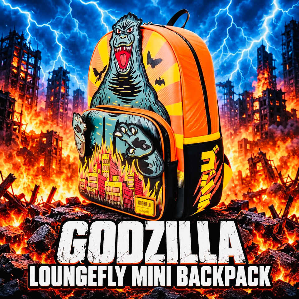 Orange and black Loungefly mini backpack featuring Godzilla and burning city artwork, against blue lightning and flames.