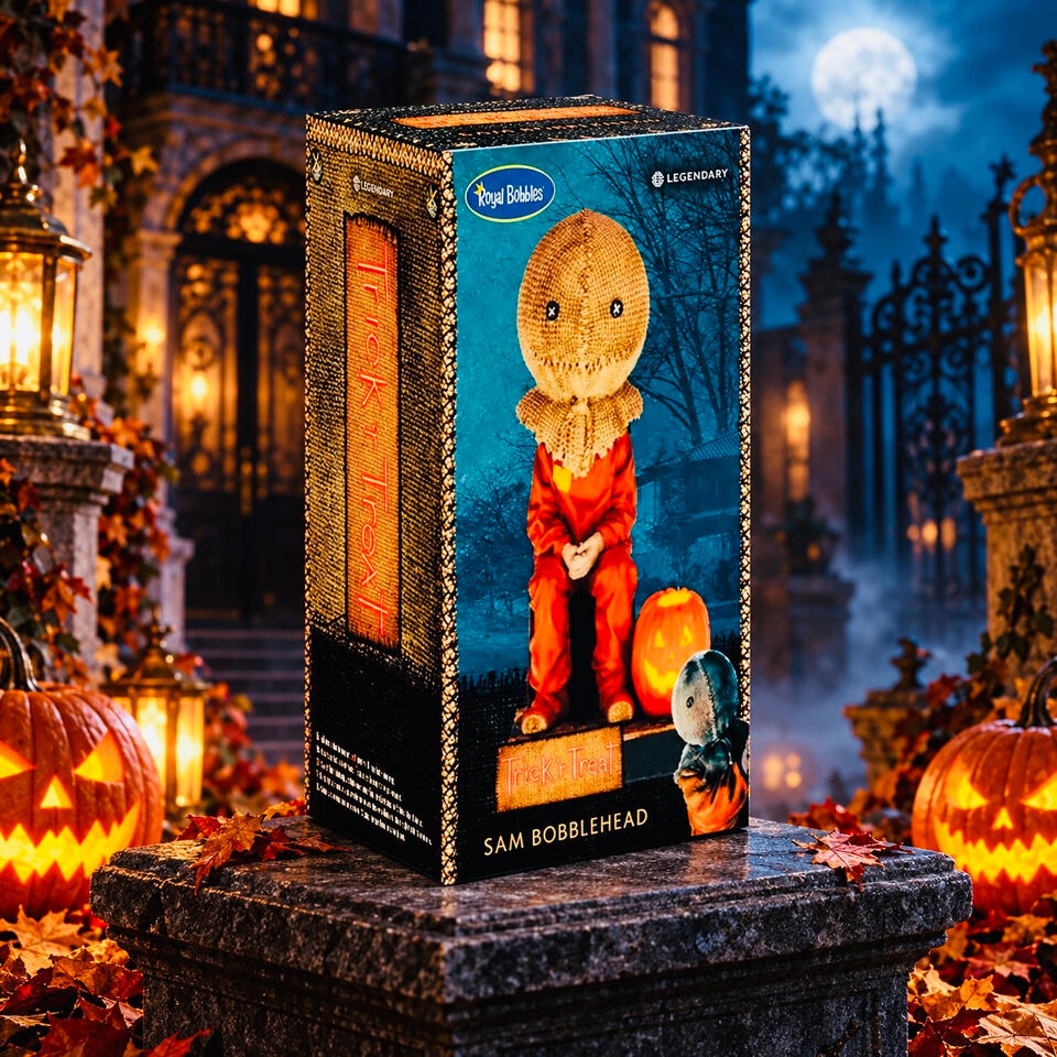 Trick ’r Treat Sam — Royal Bobbles Boxed Sam bobblehead featuring his burlap mask and orange outfit, displayed on a stone pedestal with glowing pumpkins.