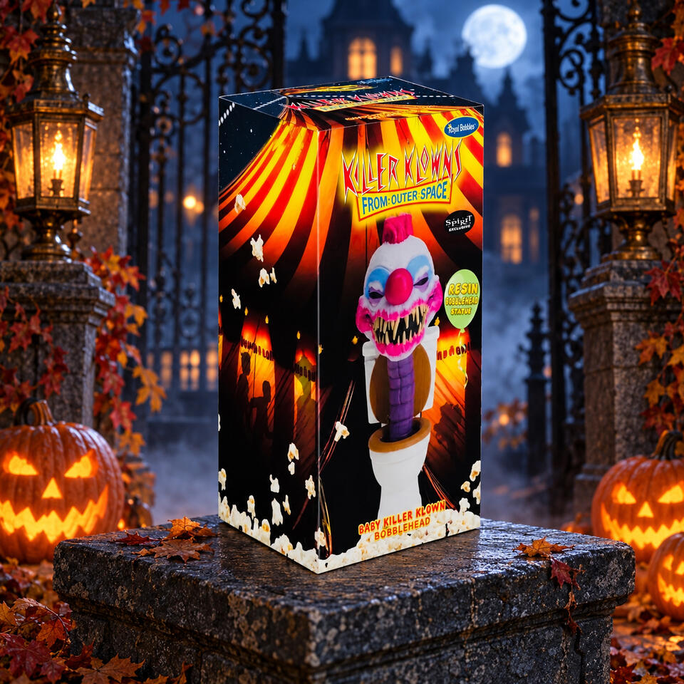 Baby Killer Klown — Royal Bobbles Boxed Baby Killer Klown bobblehead from Killer Klowns from Outer Space, displayed on a stone pedestal with glowing pumpkins and moonlit manor gates.