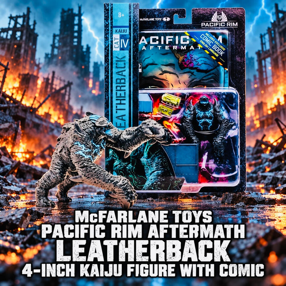 Gray Leatherback kaiju figure with blue accents beside its packaging, against a burning city backdrop with blue lightning.