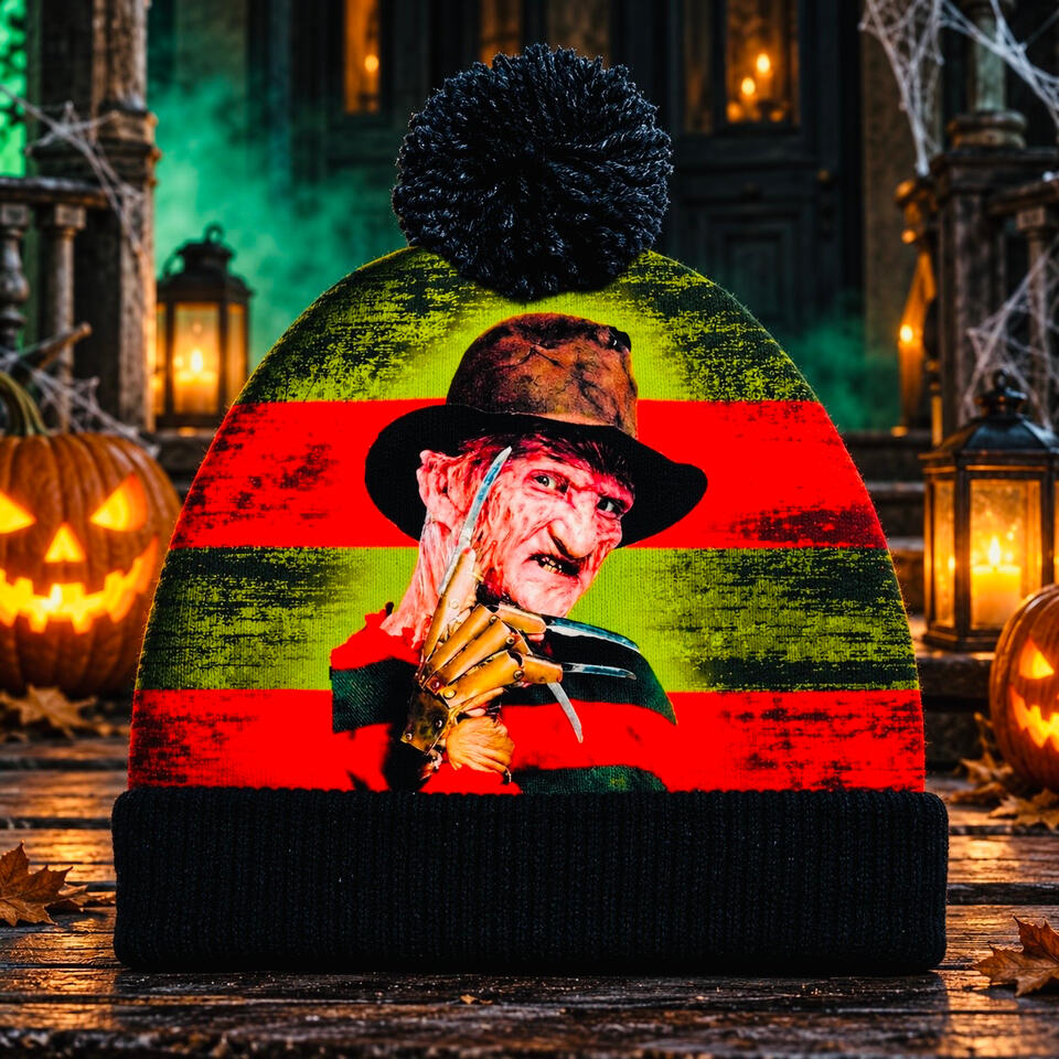 Red and green striped Freddy Krueger beanie with a black cuff and pom-pom, displayed on a haunted porch with glowing pumpkins.