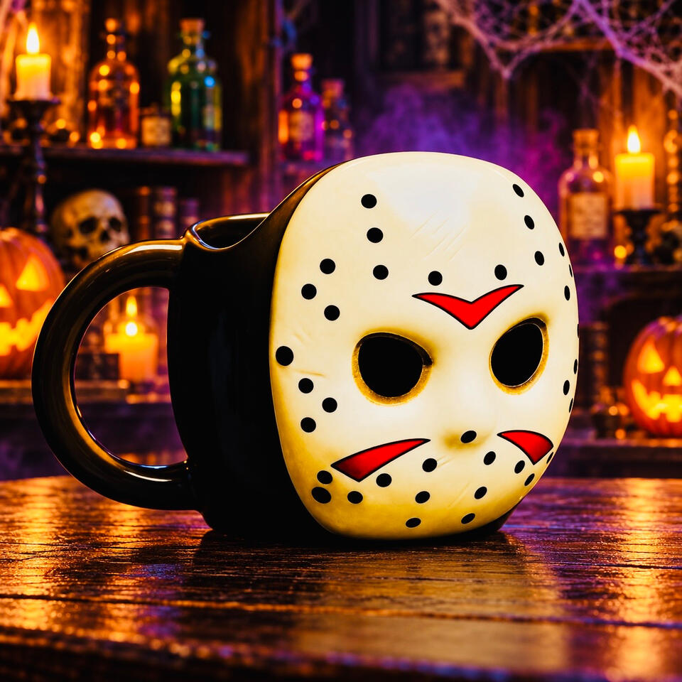 Friday the 13th Jason Mask Mug Brown mug shaped around Jason’s hockey mask with red markings, displayed with glowing pumpkins, potion bottles, and purple mist.