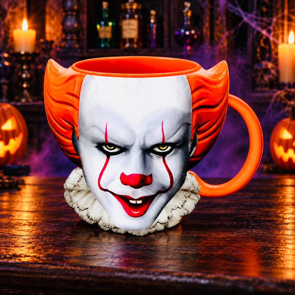 Pennywise Sculpted Mug Pennywise face mug with orange hair and handle, displayed with glowing pumpkins, candles, and purple mist.