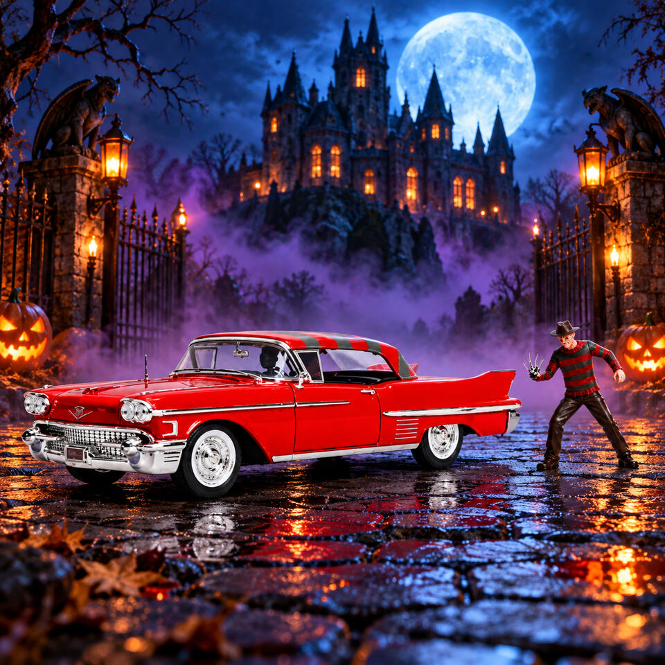 Freddy Krueger Cadillac Red Freddy Krueger Cadillac collectible displayed in front of a moonlit haunted castle.