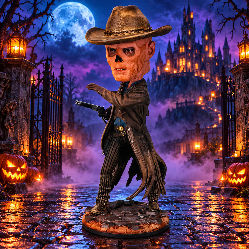 Fallout The Ghoul Bobblehead Fallout The Ghoul bobblehead wearing a cowboy hat against a Halloween background.