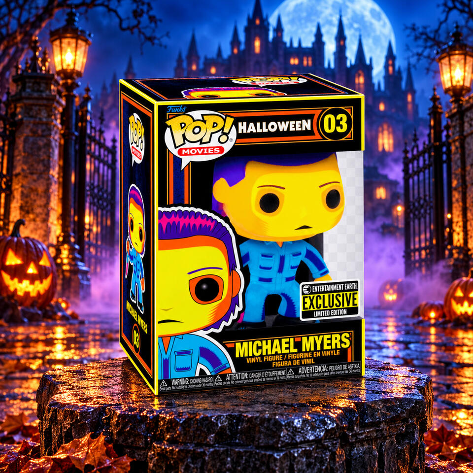Michael Myers Black Light Pop! Boxed Michael Myers black light Funko Pop with a Halloween castle background.