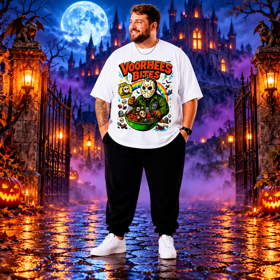 Voorhees Bites T-Shirt Model wearing a white Voorhees Bites graphic T-shirt featuring Jason Voorhees.