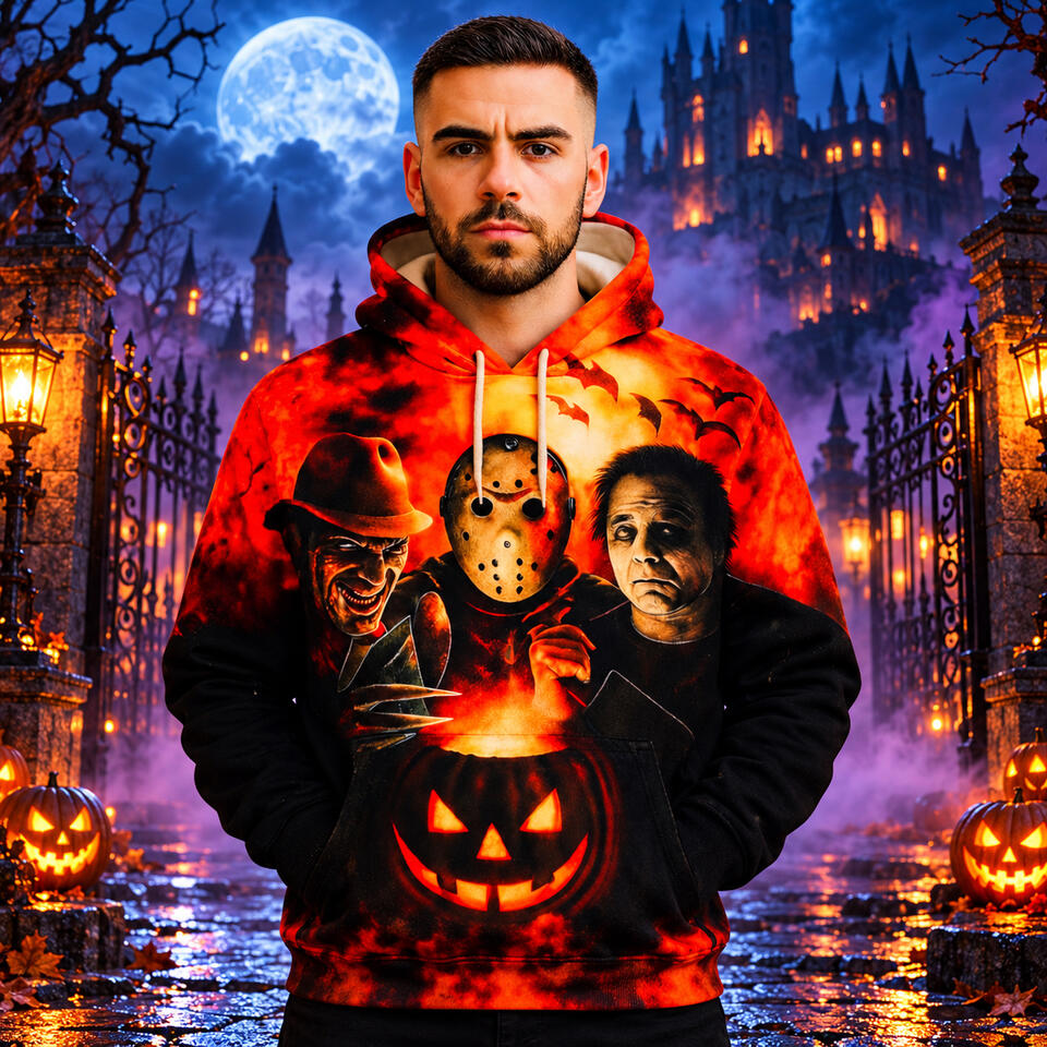 Horror Icons Hoodie Model wearing a colorful horror character hoodie with a pumpkin design.