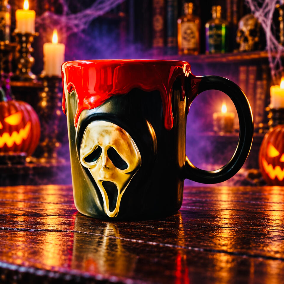 Ghost Face Blood-Drip Mug Black Ghost Face mug with a red dripping rim, displayed on a wooden table surrounded by candles and Halloween pumpkins.