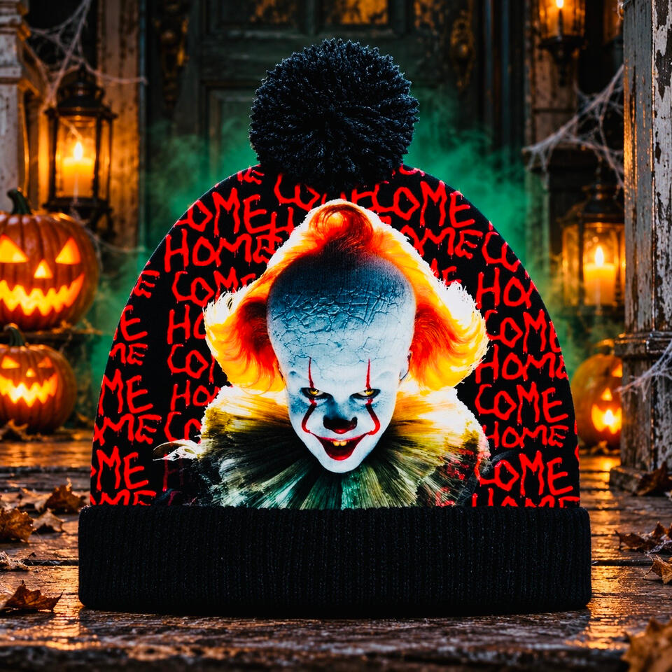 Black Pennywise beanie with red “Come Home” lettering and a black pom-pom, displayed among glowing pumpkins and eerie green mist.