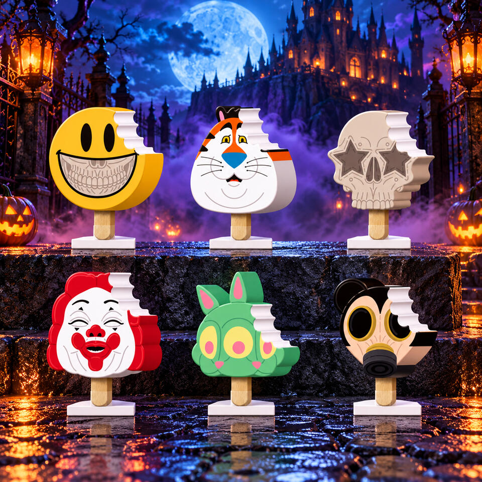 Character Pops Collectibles Six colorful character collectibles shaped like ice pops against a Halloween background.
