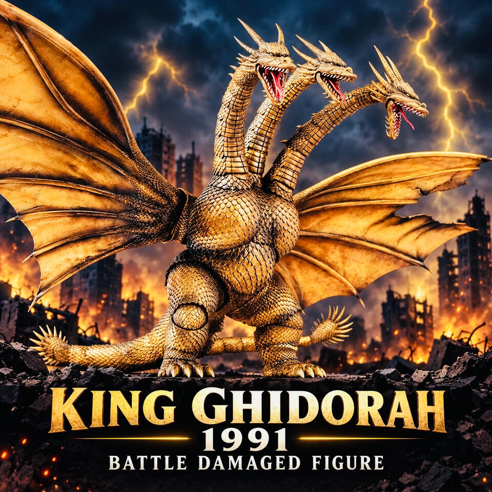 Hiya Toys King Ghidorah (1991) – Battle Damaged 13-Inch Figure Golden three-headed King Ghidorah figure with spread wings against a stormy city backdrop, labeled “King Ghidorah 1991 Battle Damaged Figure.”