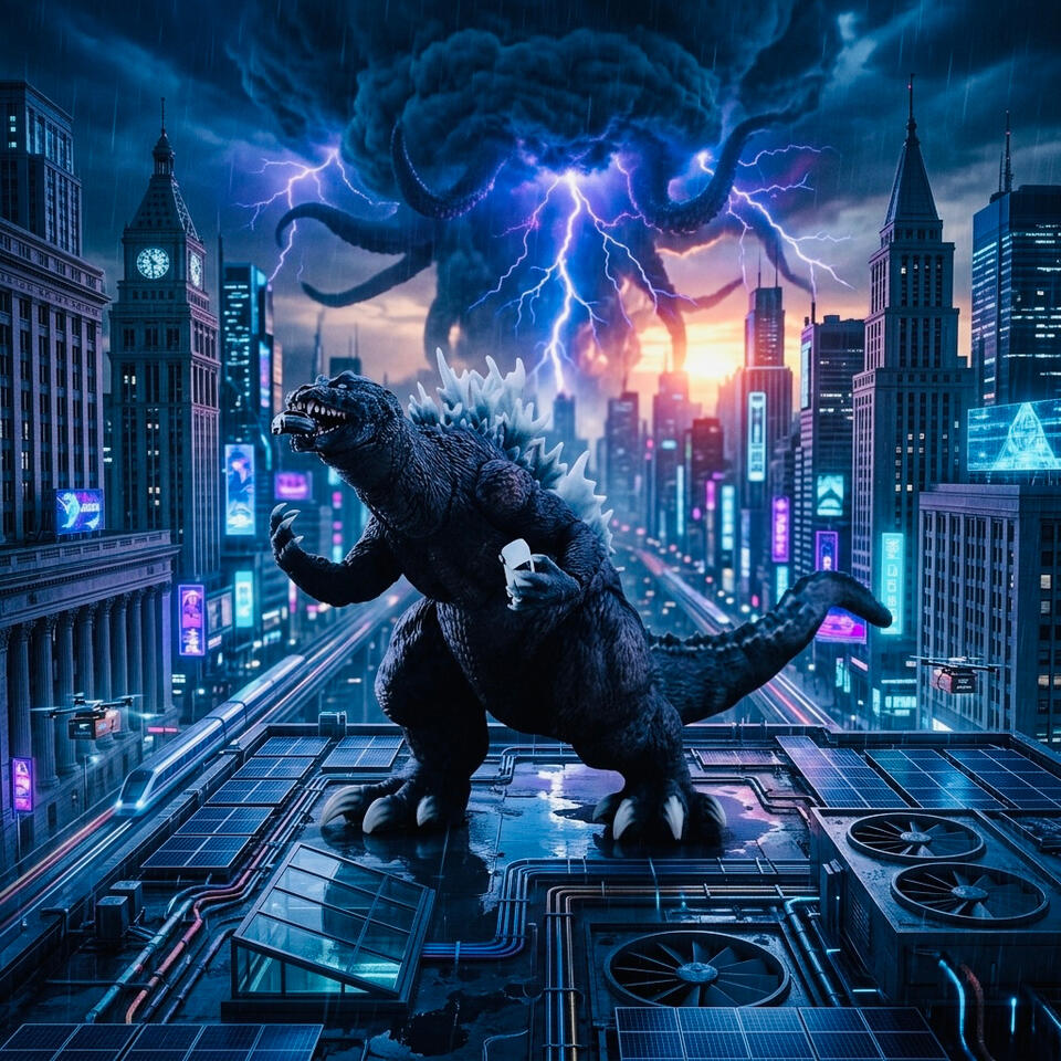Hiya Toys Godzilla 2001 figure with white eyes and gray dorsal plates, displayed against a blue city backdrop with its approximate 7-inch height and two interchangeable hands shown.
