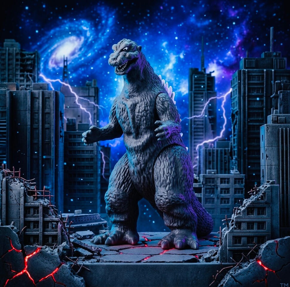 Godzilla 1954 – Bandai 5-Inch Soft Vinyl Figure Bandai Godzilla 1954 5-inch soft vinyl figure displayed against a blue and purple city backdrop.