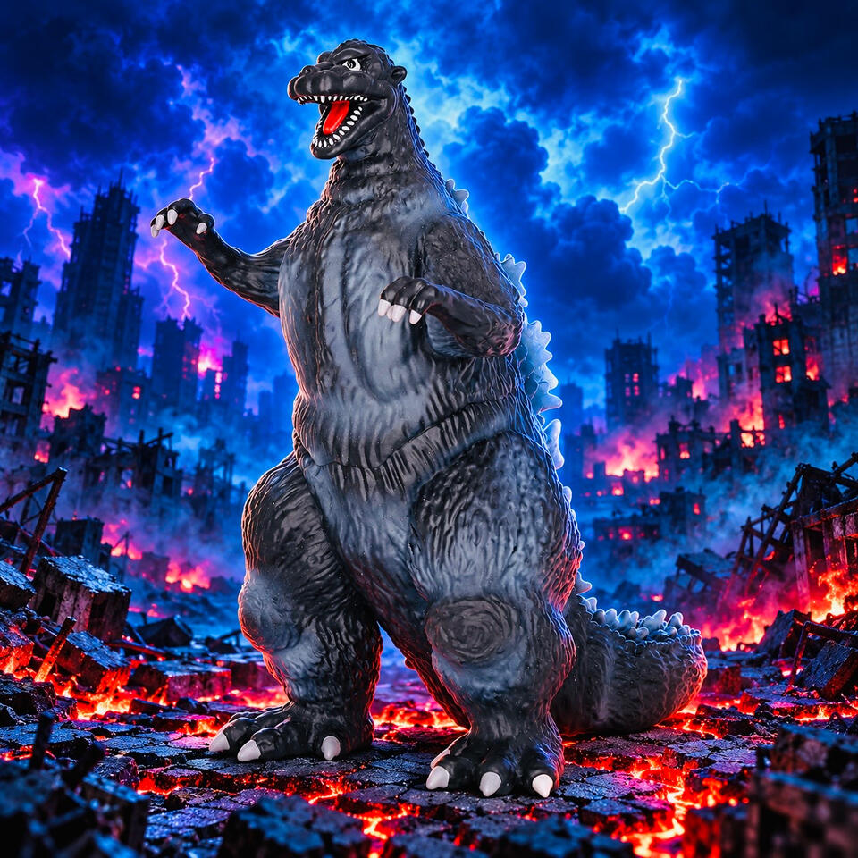 Classic Godzilla 11-inch coin bank by Monogram against a dramatic blue and purple city backdrop.