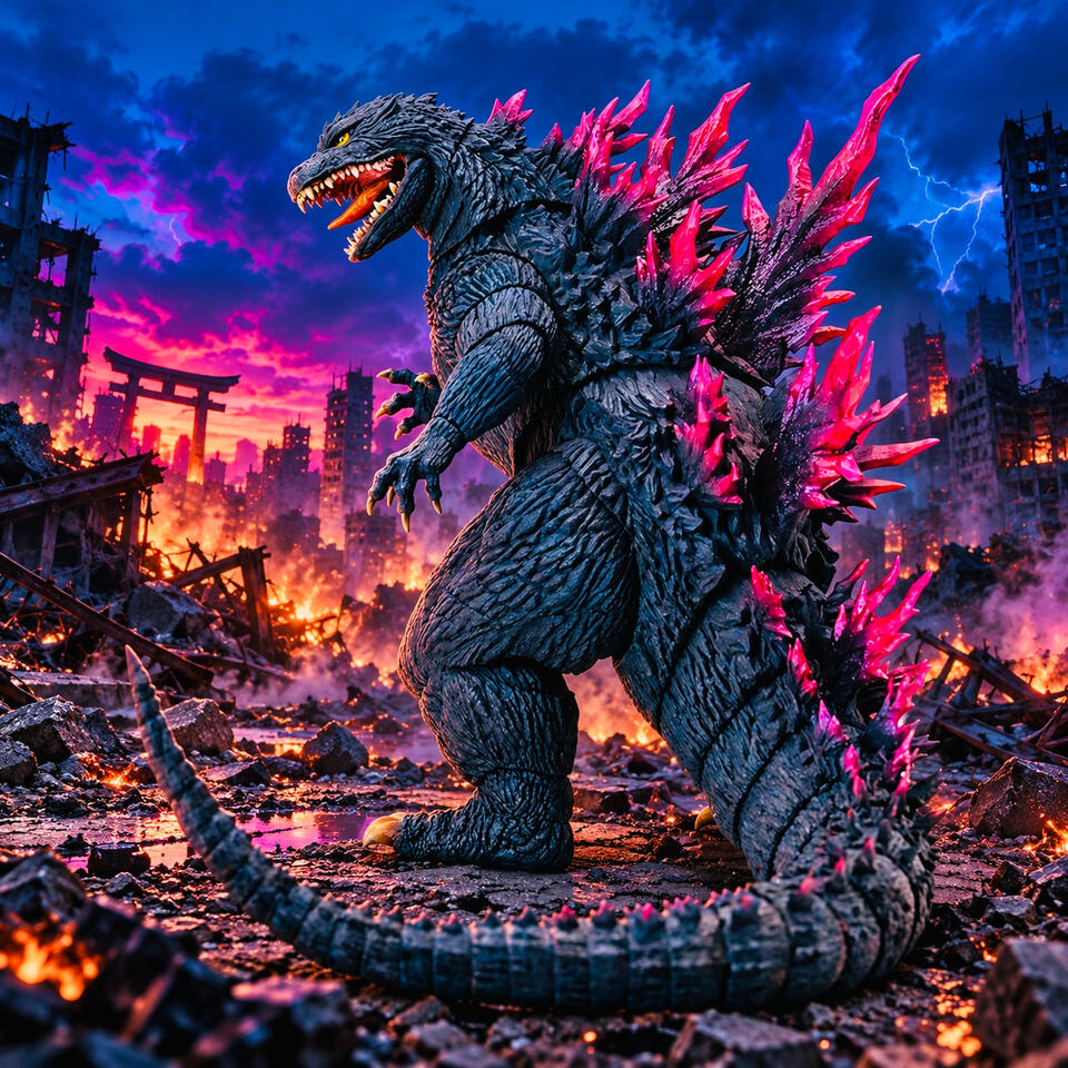 Hiya Toys Godzilla Millennium (1999) – 7-Inch Action Figure Hiya Toys Godzilla Millennium 1999 action figure with metallic purple dorsal spikes and a curled tail against a dramatic city backdrop.
