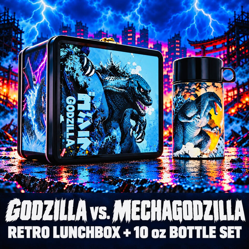 Godzilla vs. Mechagodzilla – Retro Metal Lunchbox & Bottle Set Godzilla retro metal lunchbox with matching 10-ounce beverage bottle against a dramatic blue and purple city background.