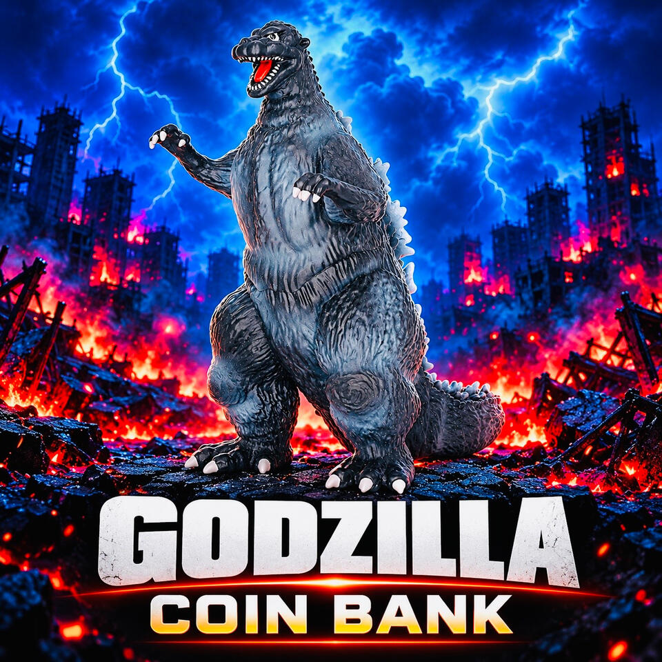 Godzilla Classic – Monogram 11-Inch PVC Figural Bank Classic Godzilla 11-inch coin bank by Monogram against a dramatic blue and purple city backdrop.