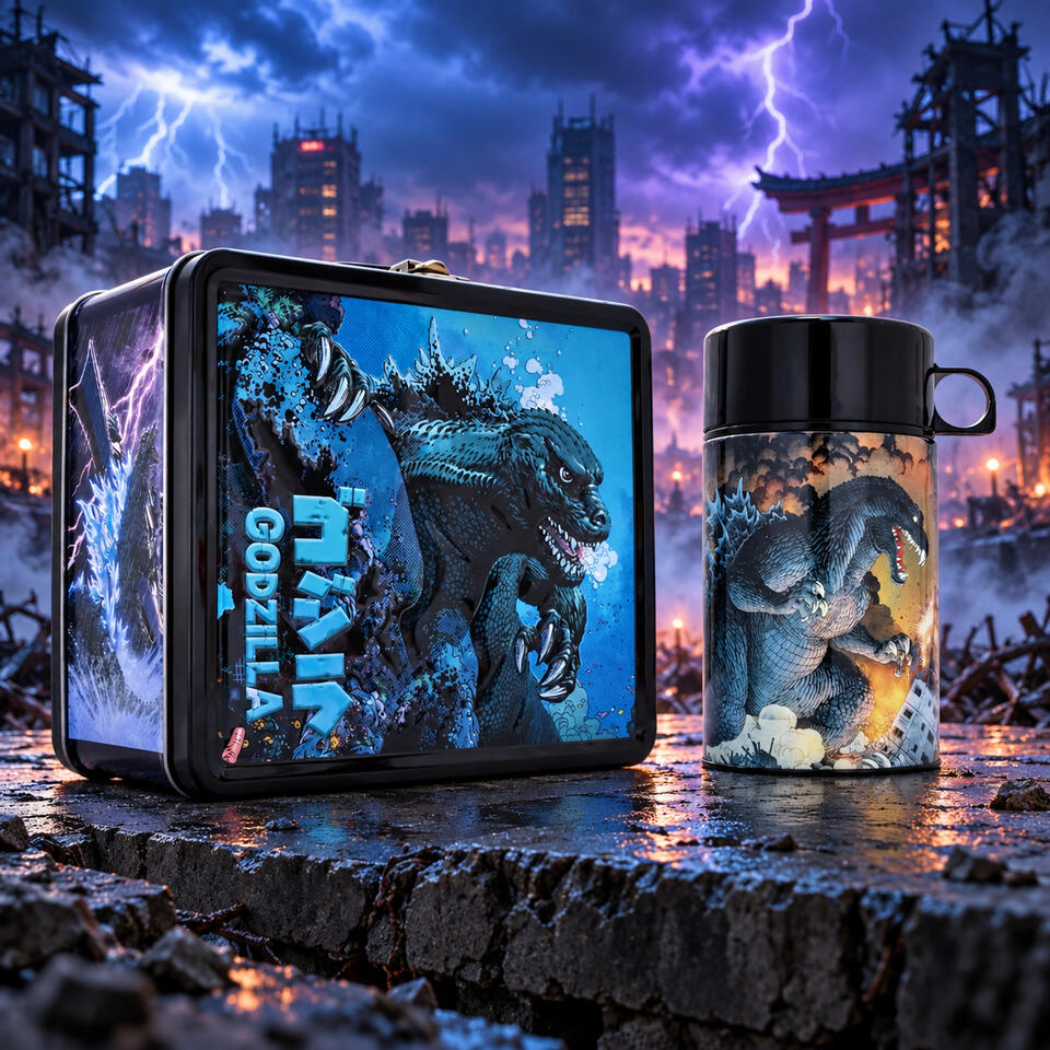 Godzilla retro metal lunchbox with matching 10-ounce beverage bottle against a dramatic blue and purple city background.