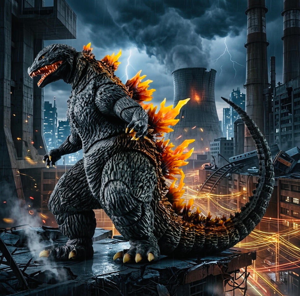 Hiya Toys Godzilla Millennium – 7-Inch Heat Ray Action Figure Hiya Toys Godzilla Millennium 7-inch Heat Ray figure with orange dorsal plates and a heat ray effect against a blue and purple city backdrop.