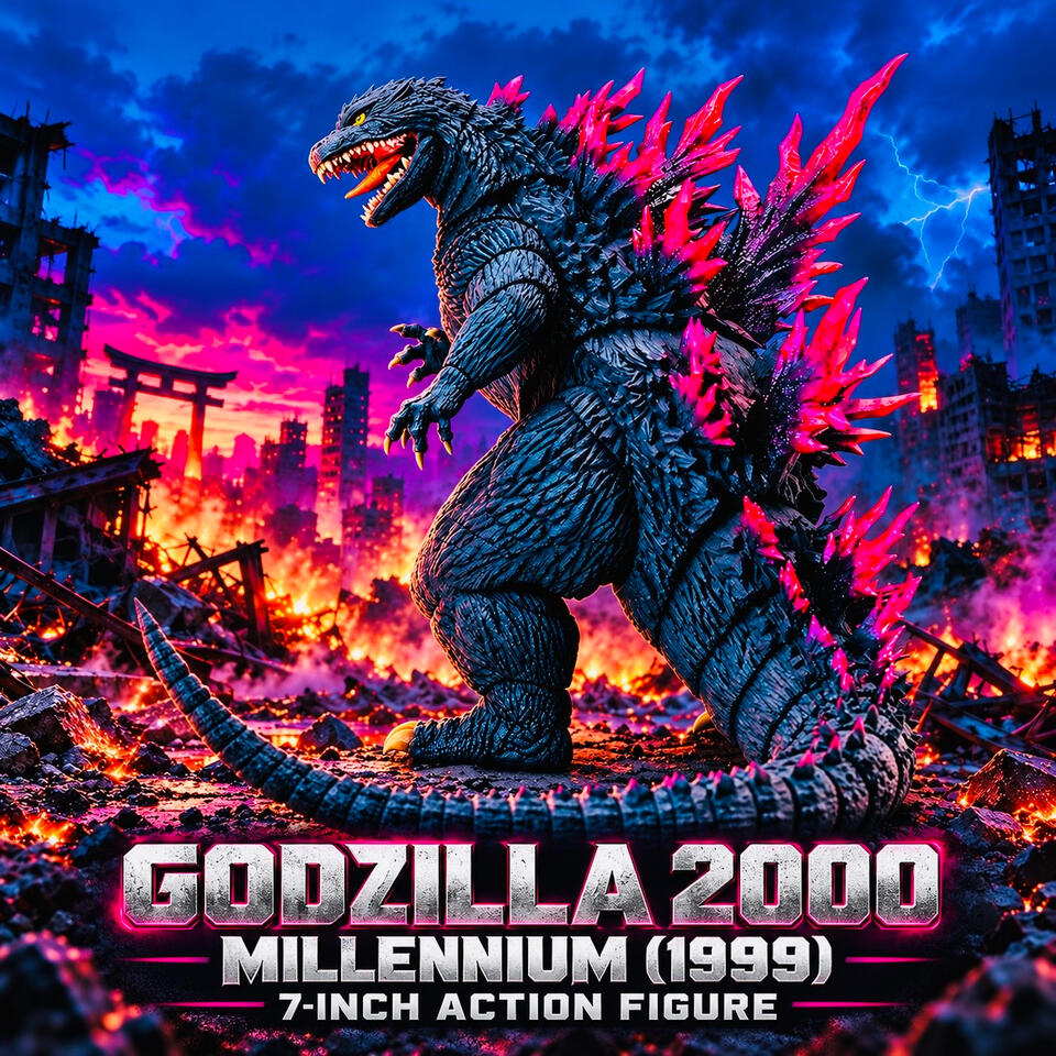 Hiya Toys Godzilla Millennium 1999 action figure with metallic purple dorsal spikes and a curled tail against a dramatic city backdrop.