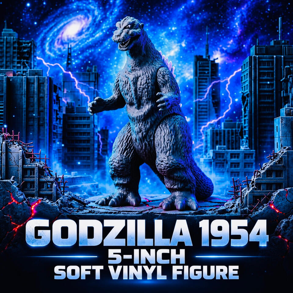 Bandai Godzilla 1954 5-inch soft vinyl figure displayed against a blue and purple city backdrop.