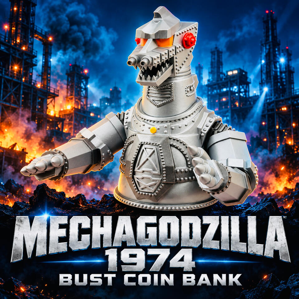 Diamond Select Toys Mechagodzilla (1974) – 8-Inch Vinyl Bust Coin Bank Silver Mechagodzilla bust coin bank against a blue and orange industrial backdrop, labeled “Mechagodzilla 1974 Bust Coin Bank.” Replace the photo using Change, and update Link URL to this Mechagodzilla’s eBay listing. Then click Done.